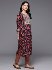 Indo Era Navy Blue Printed Straight Kurtas