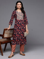 Indo Era Navy Blue Printed Straight Kurtas