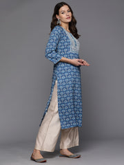 Indo Era Blue Printed Straight Kurtas