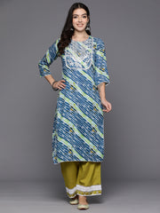 Indo Era Blue Printed Straight Kurtas