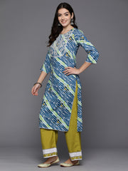 Indo Era Blue Printed Straight Kurtas