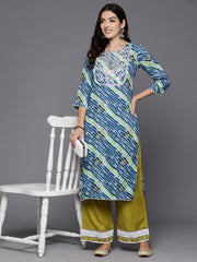Indo Era Blue Printed Straight Kurtas