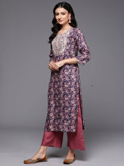 Indo Era Navy Blue Printed Straight Kurtas