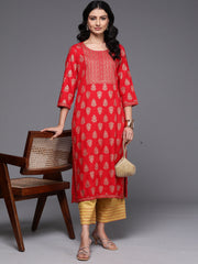 Indo Era Red Printed Straight Kurtas
