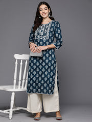 Indo Era Blue Printed Straight Kurtas