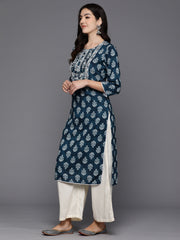 Indo Era Blue Printed Straight Kurtas