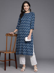 Indo Era Navy Blue Printed Straight Kurtas