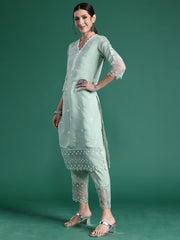 Indo Era Sea Green Embroidered Straight Kurta Trousers With Dupatta set