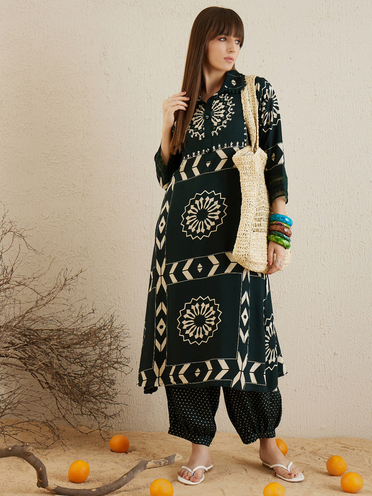 Indo Era - Green Printed A - Line Kurta Trousers set