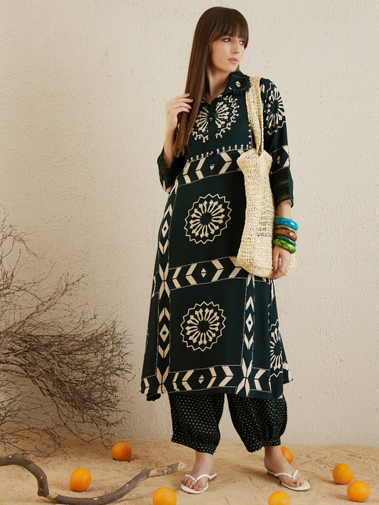 Indo Era - Green Printed A - Line Kurta Trousers set