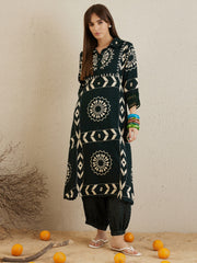 Indo Era - Green Printed A - Line Kurta Trousers set