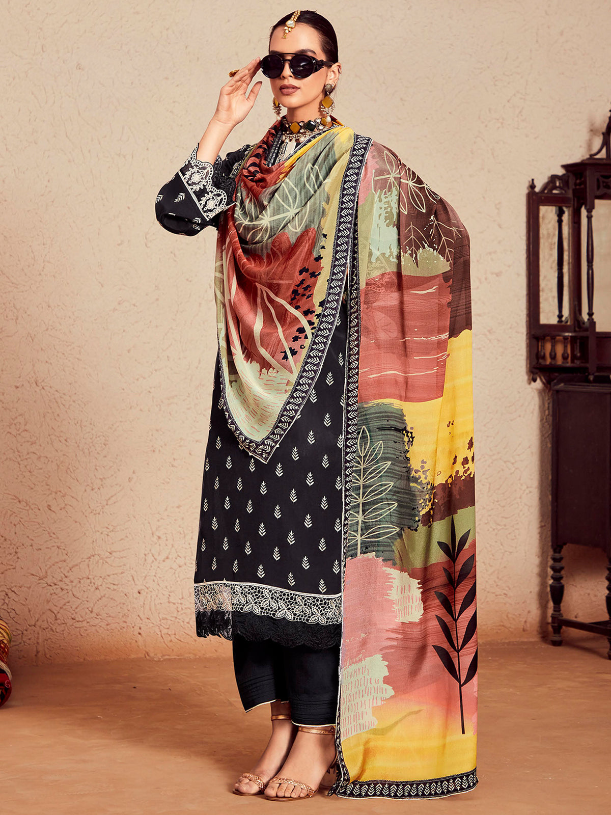 Black Printed Straight Kurta Trousers With Dupatta  Set-KH9BK6313