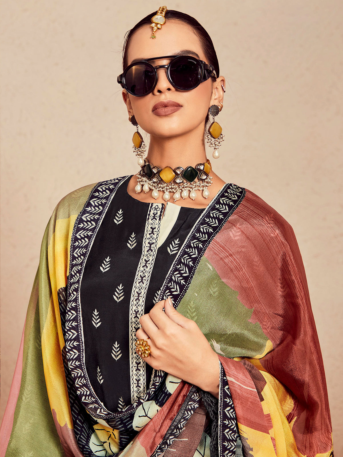 Black Printed Straight Kurta Trousers With Dupatta  Set-KH9BK6313