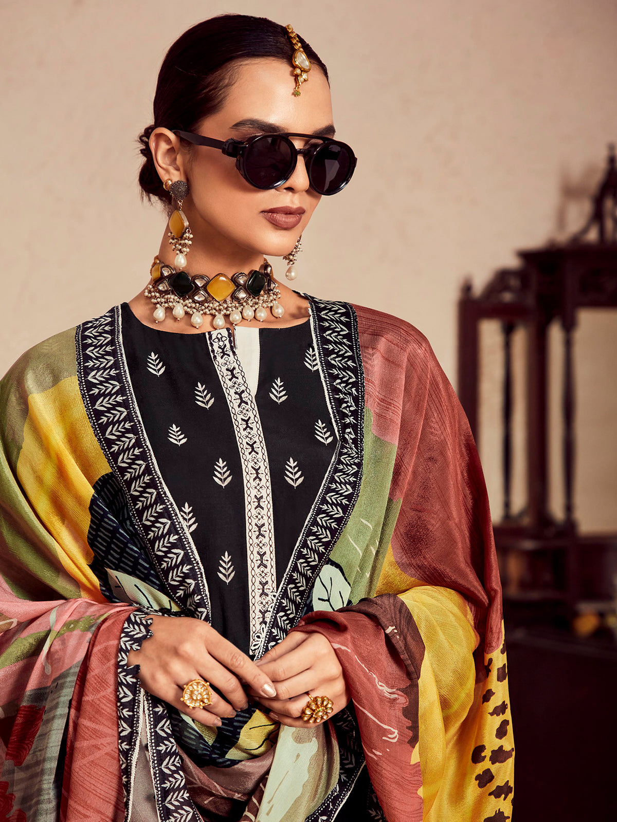Black Printed Straight Kurta Trousers With Dupatta  Set-KH9BK6313