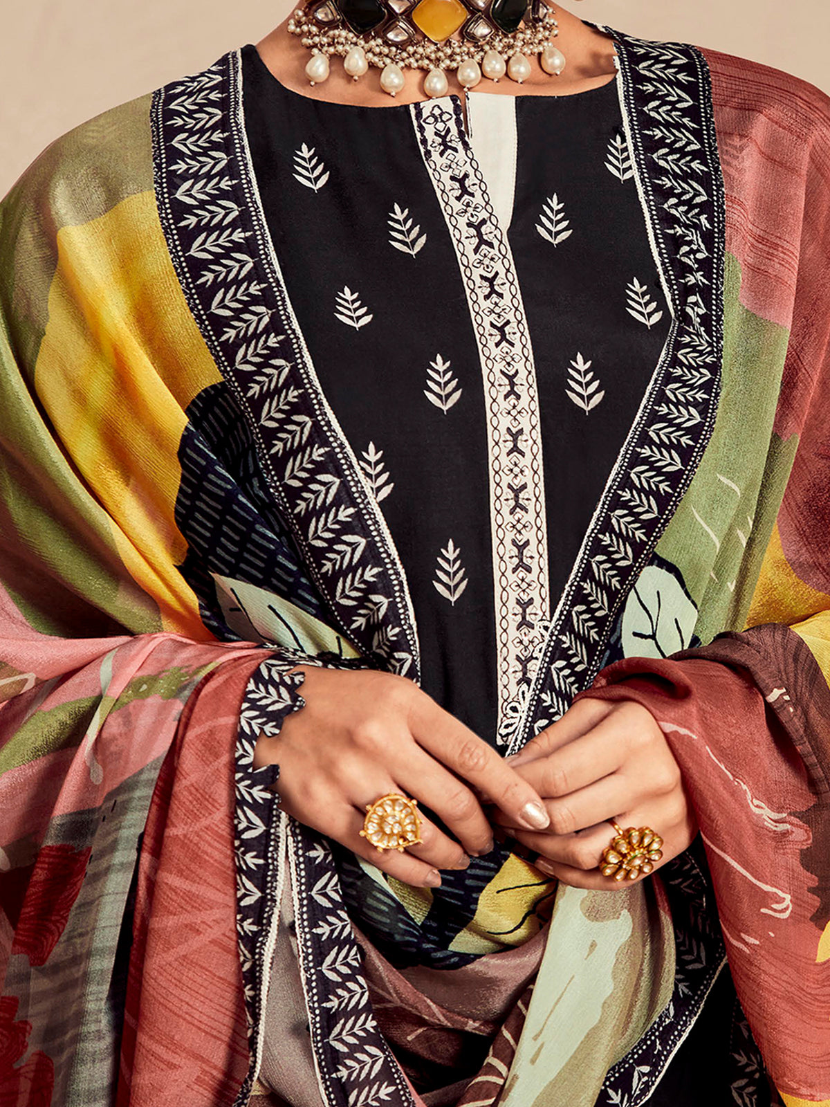 Black Printed Straight Kurta Trousers With Dupatta  Set-KH9BK6313