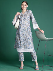 Blue Printed Straight Kurta Trousers set