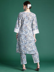 Blue Printed Straight Kurta Trousers set
