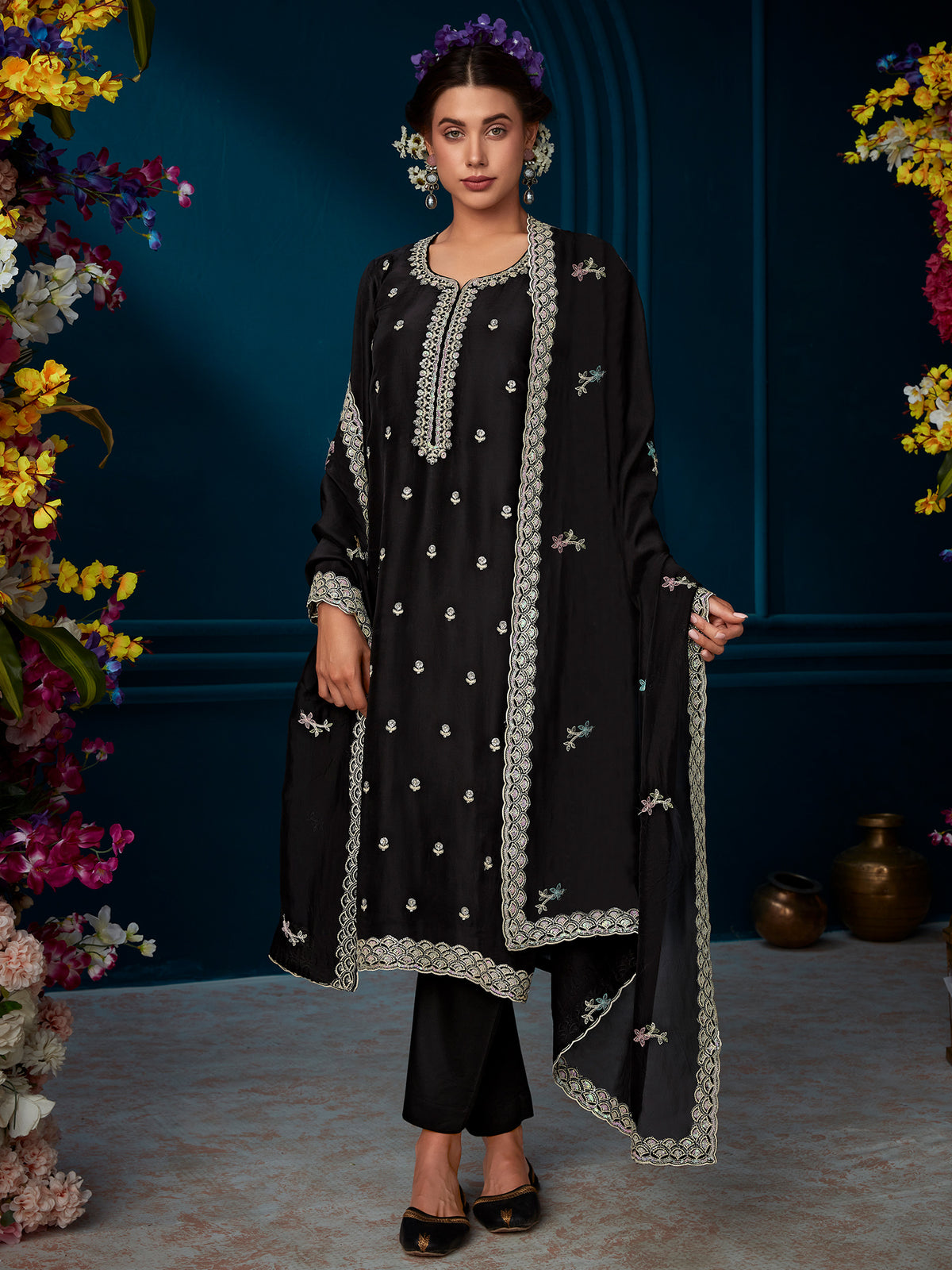 Black Straight Embroidered Kurta Trousers With Dupatta Set-KH9BK6327