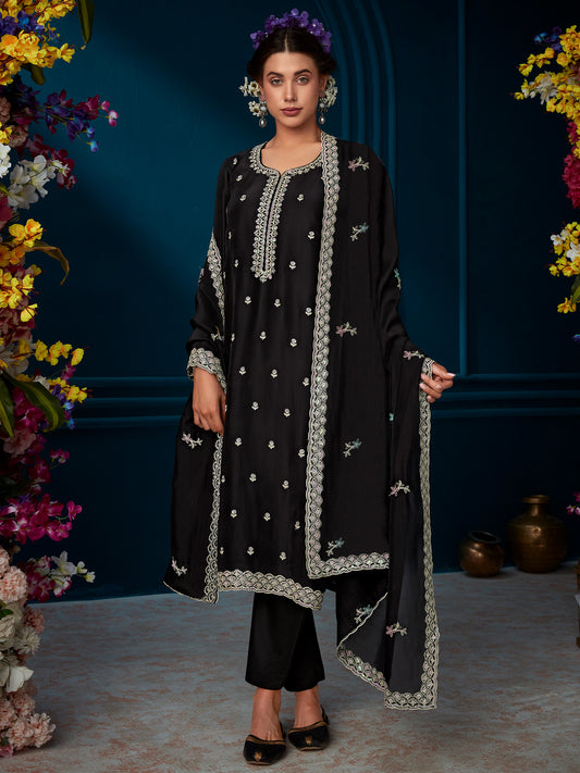 Black Straight Embroidered Kurta Trousers With Dupatta Set-KH9BK6327