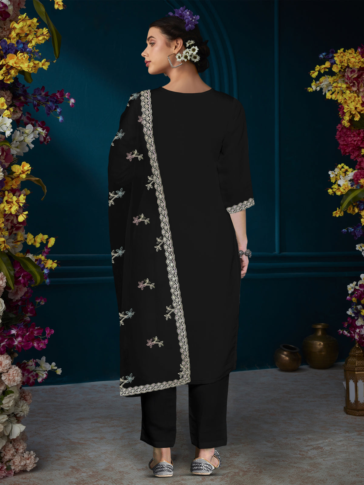 Black Straight Embroidered Kurta Trousers With Dupatta Set-KH9BK6327