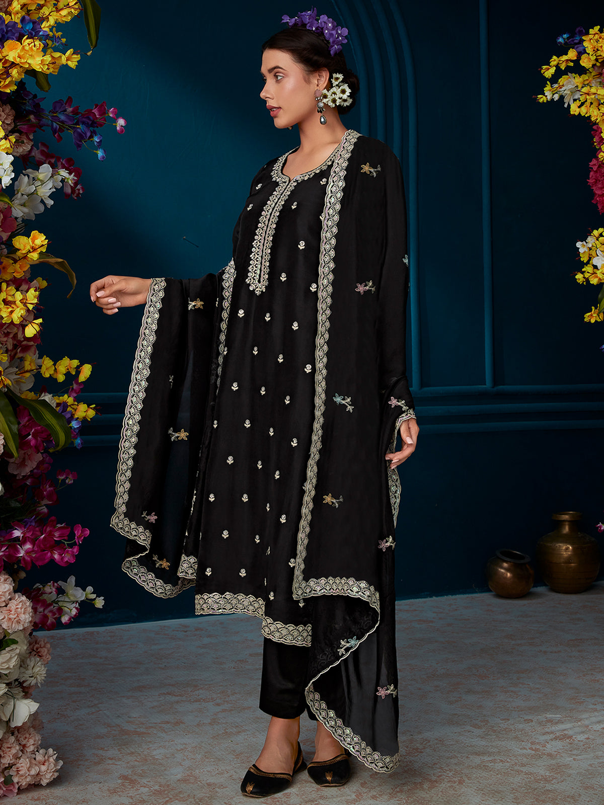 Black Straight Embroidered Kurta Trousers With Dupatta Set-KH9BK6327