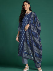 Blue Printed Straight Kurta Trousers With Dupatta set