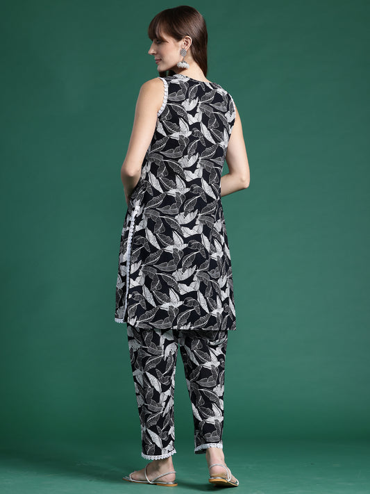 Indo Era Black Printed Straight Kurta Trousers set
