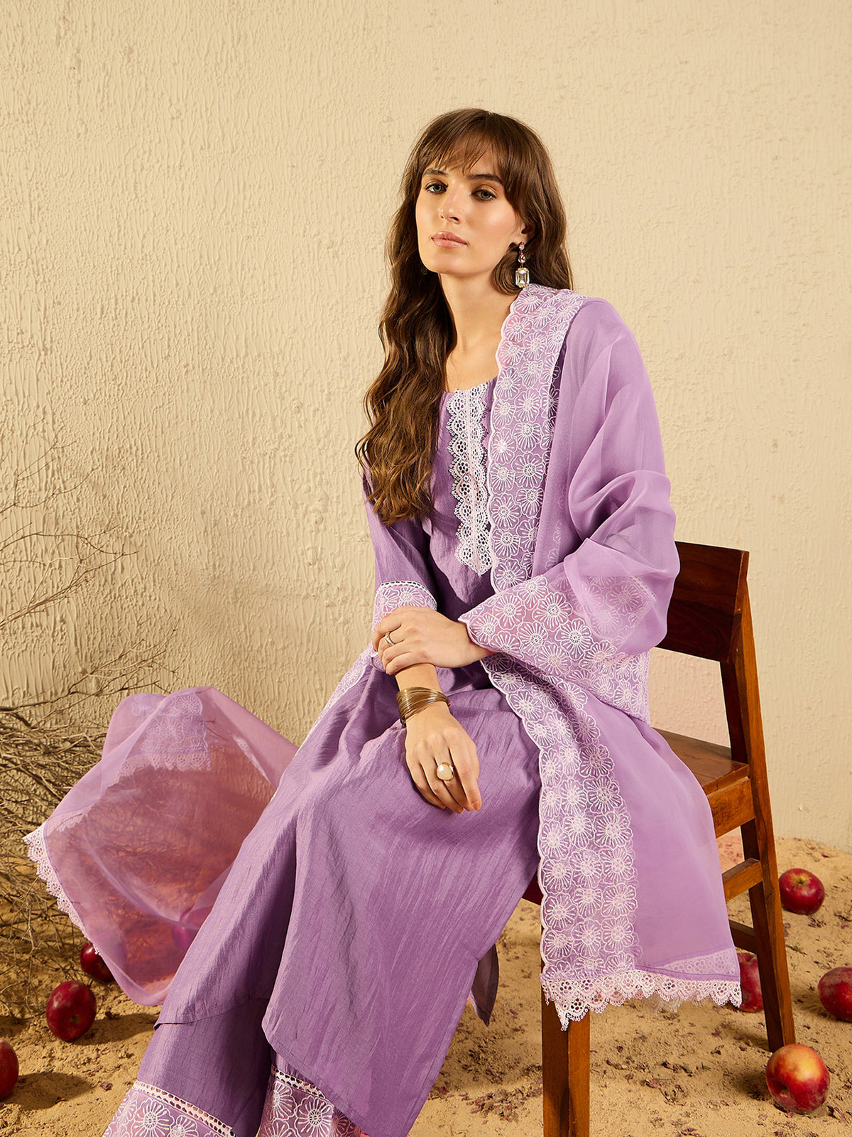 Lavender Embroidered  Straight Kurta Trousers With Dupatta set-KH9LV6377