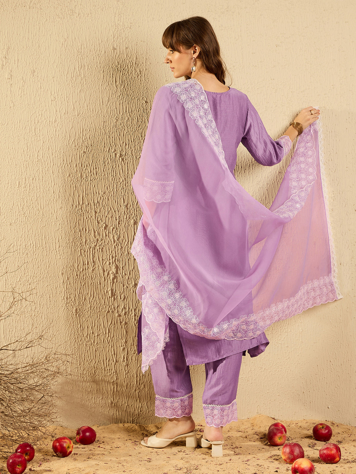 Lavender Embroidered  Straight Kurta Trousers With Dupatta set-KH9LV6377