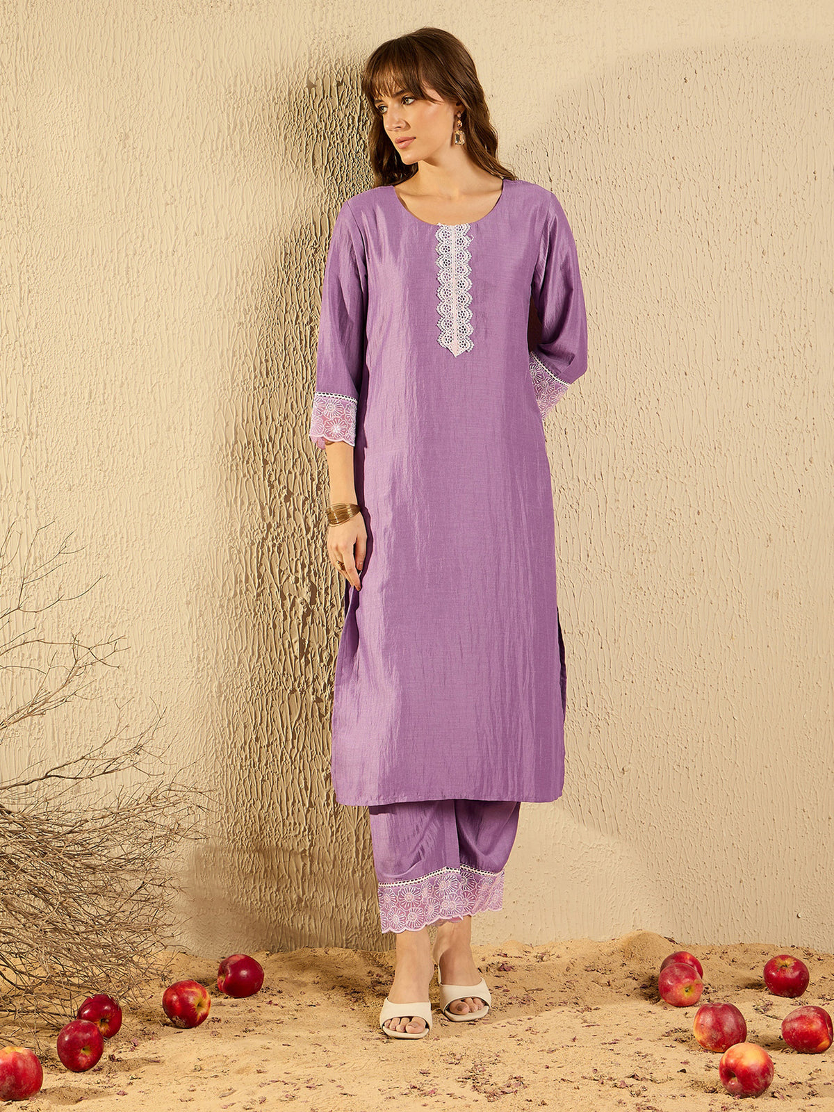 Lavender Embroidered  Straight Kurta Trousers With Dupatta set-KH9LV6377