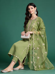 Indo Era Green Embroidered Straight Kurta Trousers With Dupatta set