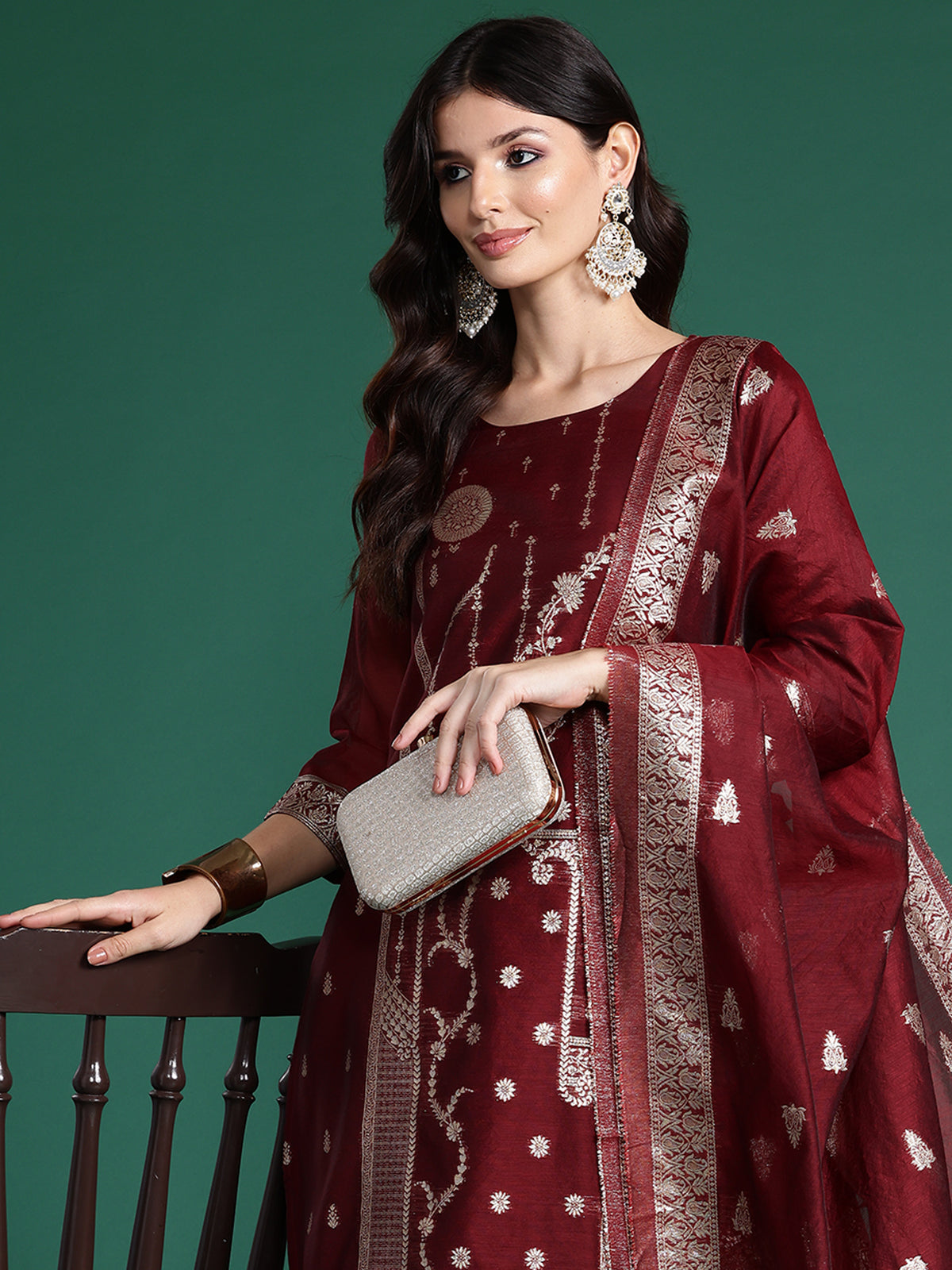 Maroon Woven Design Straight Kurta Trousers With Dupatta  Set-KH9MR5537