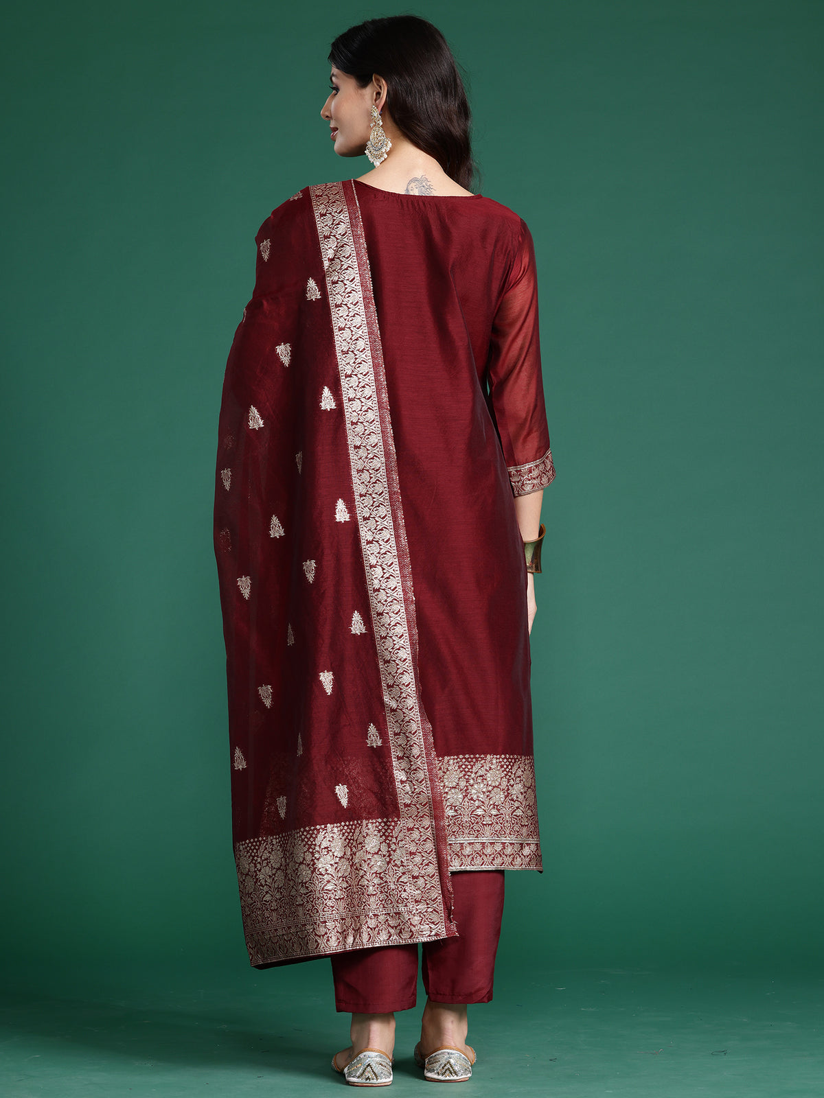 Maroon Woven Design Straight Kurta Trousers With Dupatta  Set-KH9MR5537