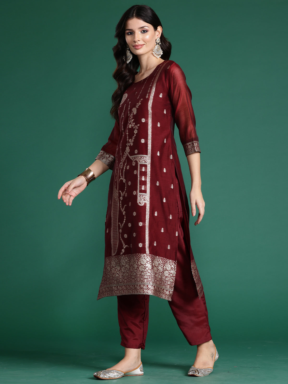 Maroon Woven Design Straight Kurta Trousers With Dupatta  Set-KH9MR5537