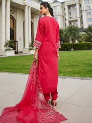 Pink Embroidered Straight Kurta Trousers With Dupatta Set