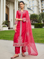 Pink Embroidered Straight Kurta Trousers With Dupatta Set