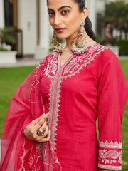 Pink Embroidered Straight Kurta Trousers With Dupatta Set