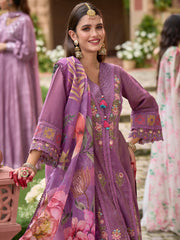 Purple Embroidered Straight Kurta Trousers With Dupatta Set