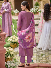Purple Embroidered Straight Kurta Trousers With Dupatta Set