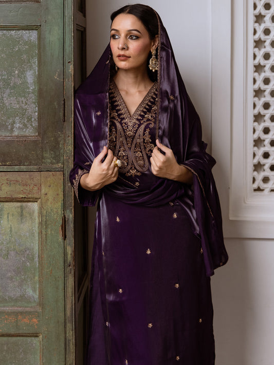 Indo Era Purple Embroidered Straight Kurta Trousers With Dupatta Set