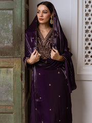 Indo Era Purple Embroidered Straight Kurta Trousers With Dupatta Set