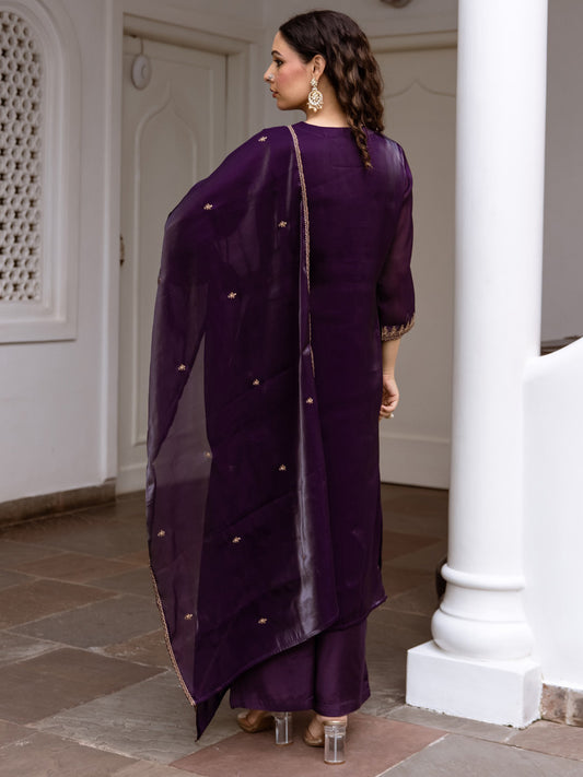 Indo Era Purple Embroidered Straight Kurta Trousers With Dupatta Set
