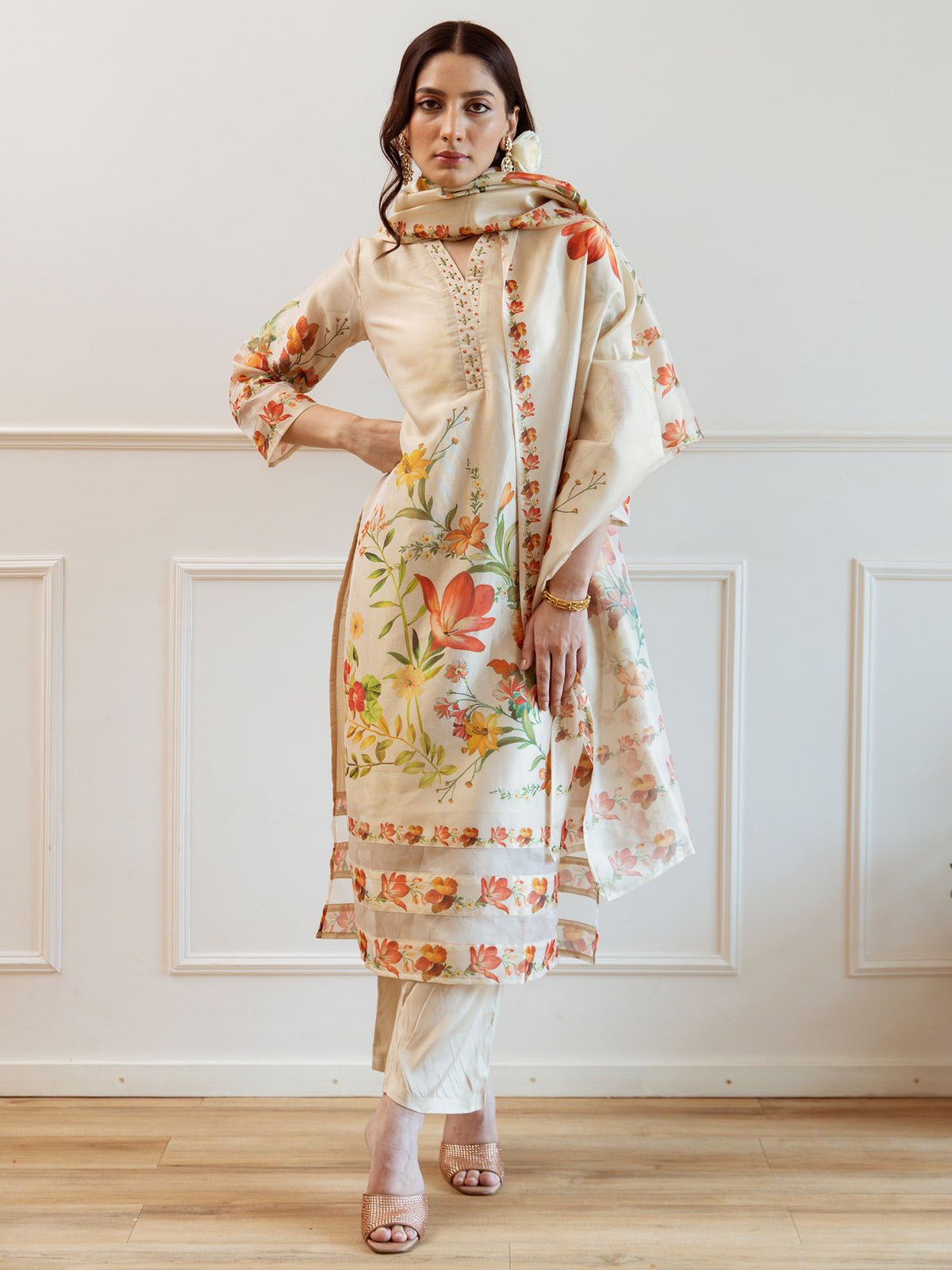 Indo Era Off White Printed Straight Kurta Trousers With Dupatta Set