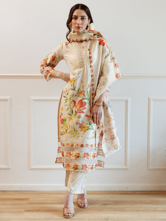 Indo Era Off White Printed Straight Kurta Trousers With Dupatta Set