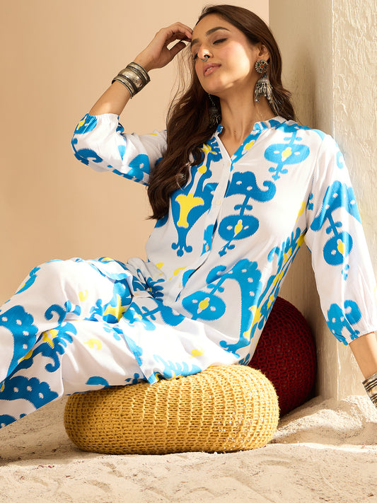 Indo Era - White Printed Straight Kurta Trousers  Set