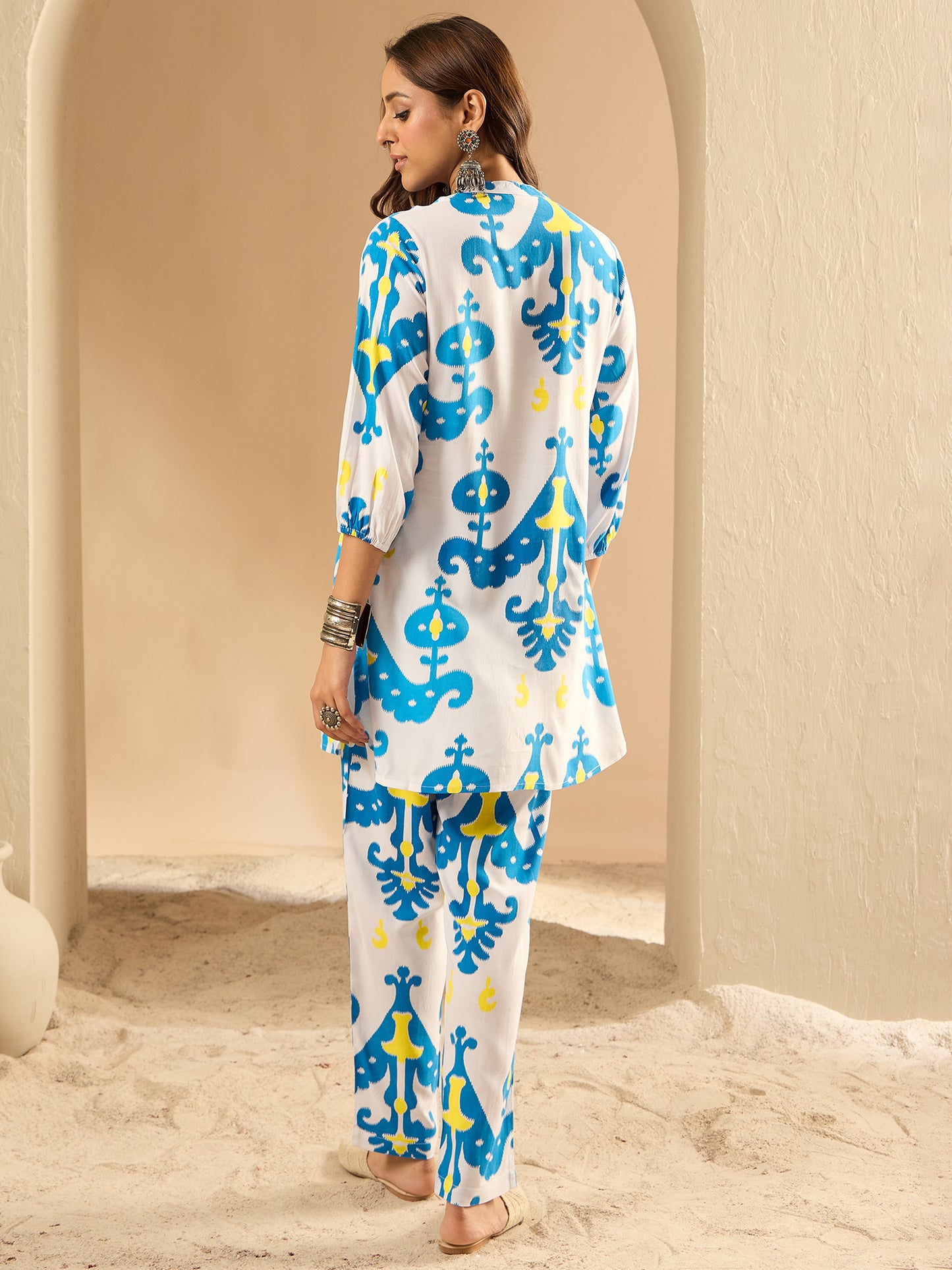 Indo Era - White Printed Straight Kurta Trousers  Set