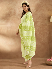 Green Woven Design Straight Kurta Trousers With Dupatta set