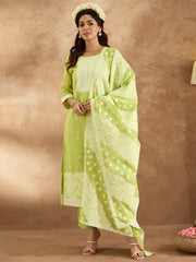 Green Woven Design Straight Kurta Trousers With Dupatta set