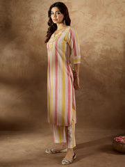Multi Embroidered Straight Kurta Trousers  Set