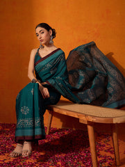 Women's Cotton Teal blue Printed Celebrity Saree With Blouse Piece